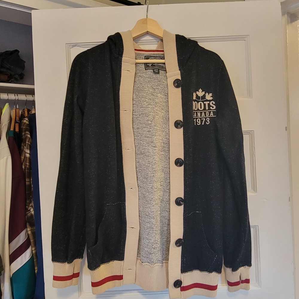 Roots Hooded Cardigan in Black, Cream & Red Trim